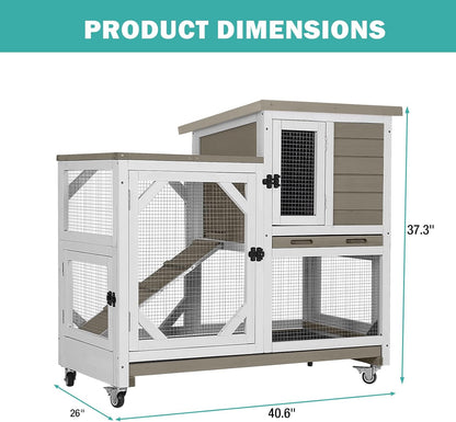 Rabbit Hutch Indoor for 2-4 Rabbits & Guinea Pigs，Bunny Cage with Slide-Out Plastic Trays，Wooden