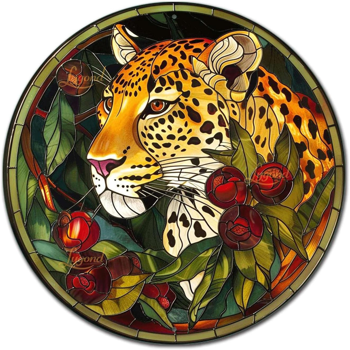 Lygond Metal Sign Tin Sign Circular Stained Glass Leopard Bathroom Signs For Home For Club 12×12