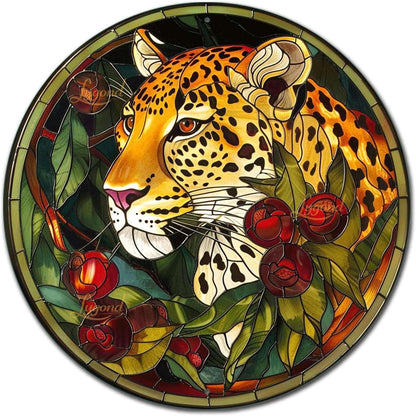 Lygond Metal Sign Tin Sign Circular Stained Glass Leopard Bathroom Signs For Home For Club 12×12