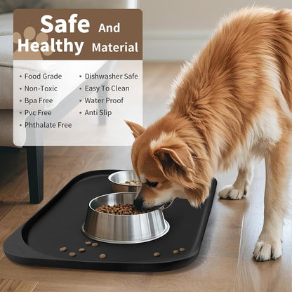 Silicone Pet Feeding Mat with Raised Edge & Residue Collection Pocket for Food and Water, Dog Bowl