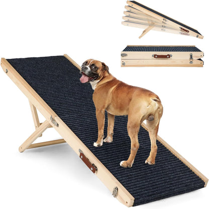 Folding Dog Ramp Safety for Bed, Wooden 5 Adjustable Height Pet Ramps, Potable Dog Steps with