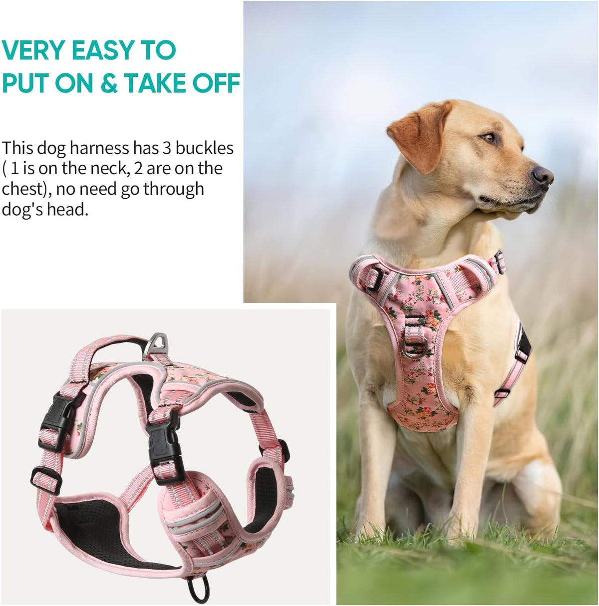 Timos Dog Harness, No-Pull Pet Harness with 2 Leash Clips, 3 Snap Buckles Adjustable Soft Padded
