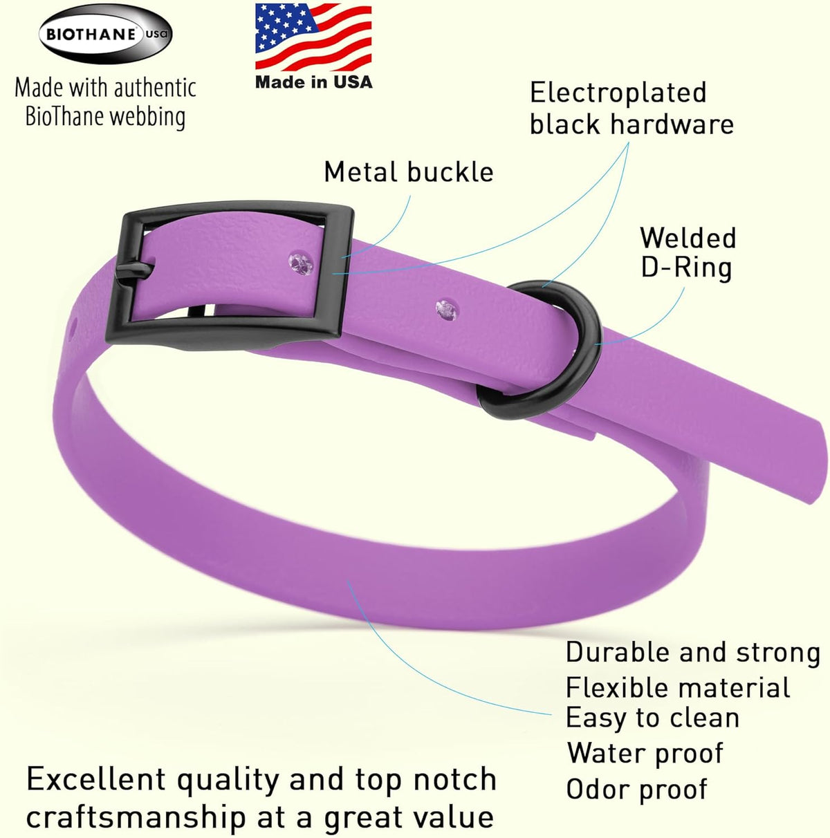 Dogline Biothane Waterproof Dog Collar Strong Coated Nylon Webbing with Black Hardware Odor- Proof
