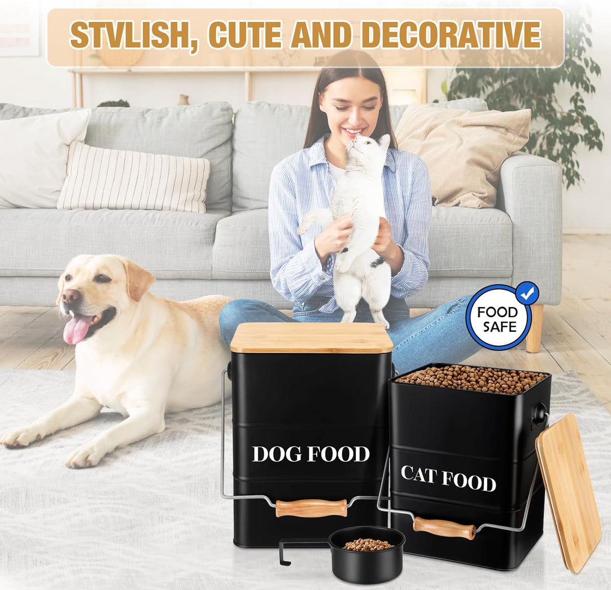 Tioncy 2 Pcs Metal Dog and Cat Food Storage Containers Big Pet Food Containers with Bamboo Lids and