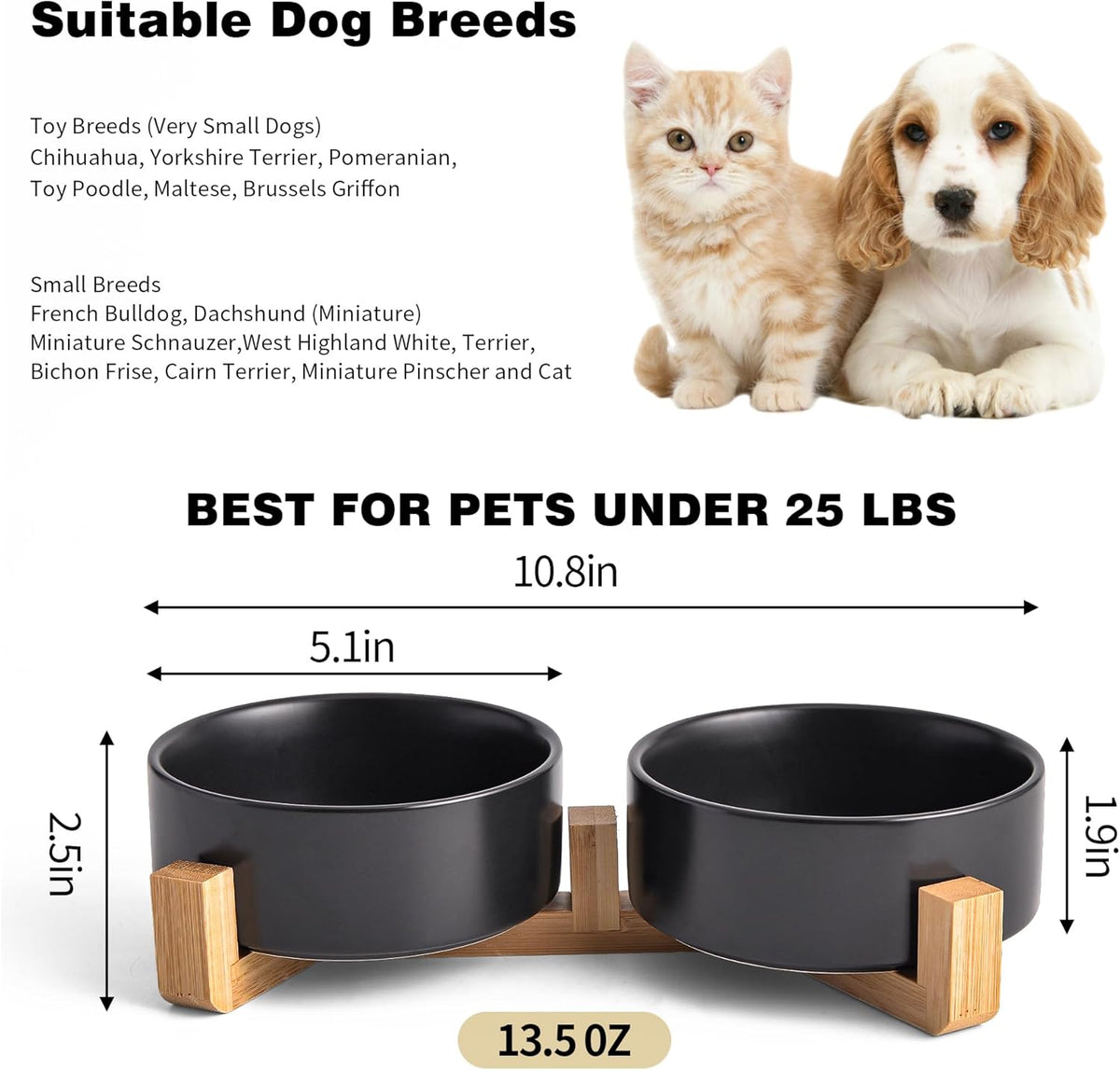 Black Ceramic Dog & Cat Bowl Set – 13.5 OZ with Wooden Stand, Non-Slip, Elevated Design for Small