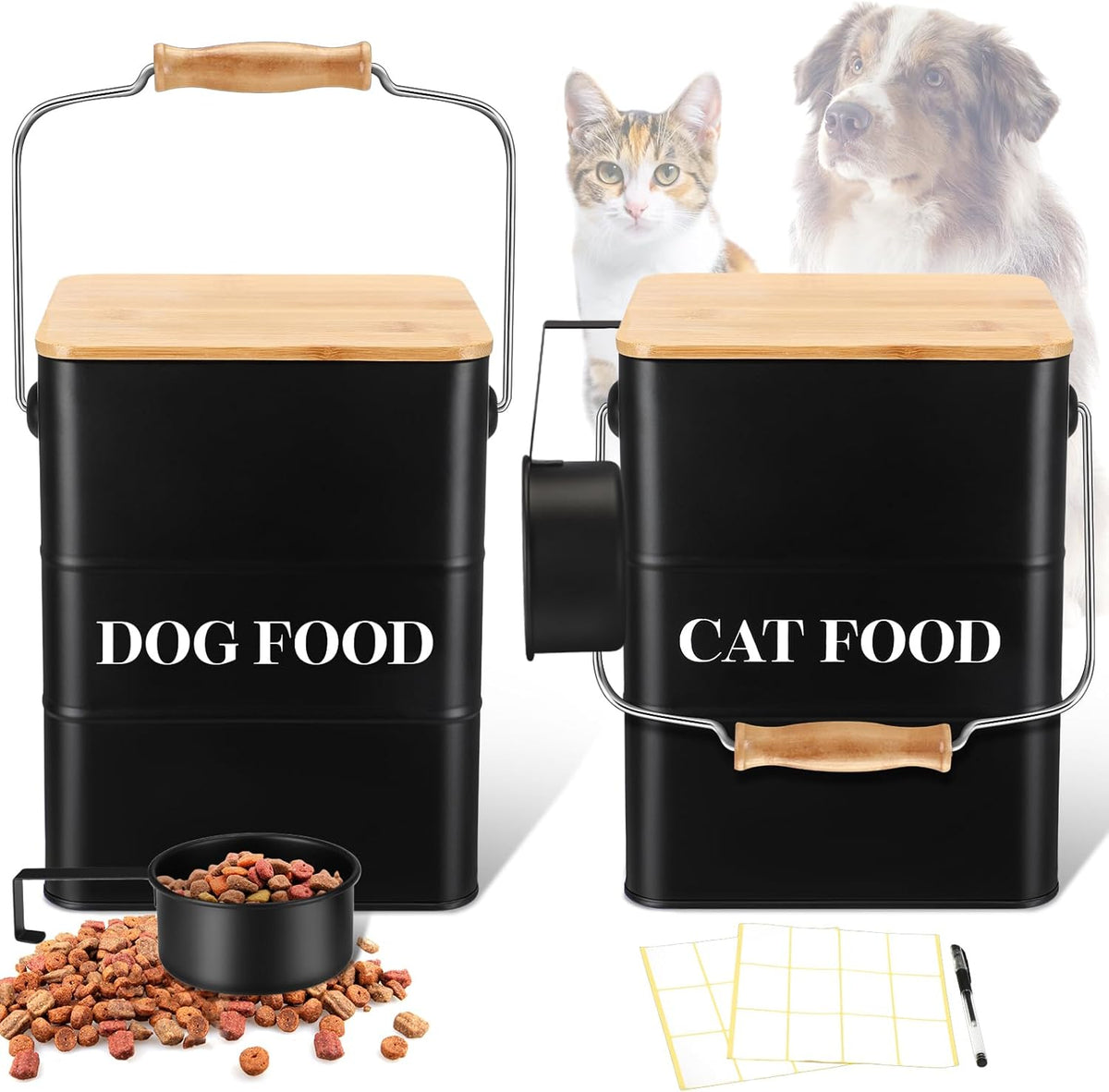 Tioncy 2 Pcs Metal Dog and Cat Food Storage Containers Big Pet Food Containers with Bamboo Lids and