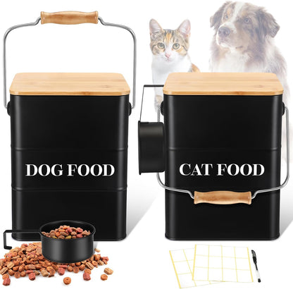 Tioncy 2 Pcs Metal Dog and Cat Food Storage Containers Big Pet Food Containers with Bamboo Lids and