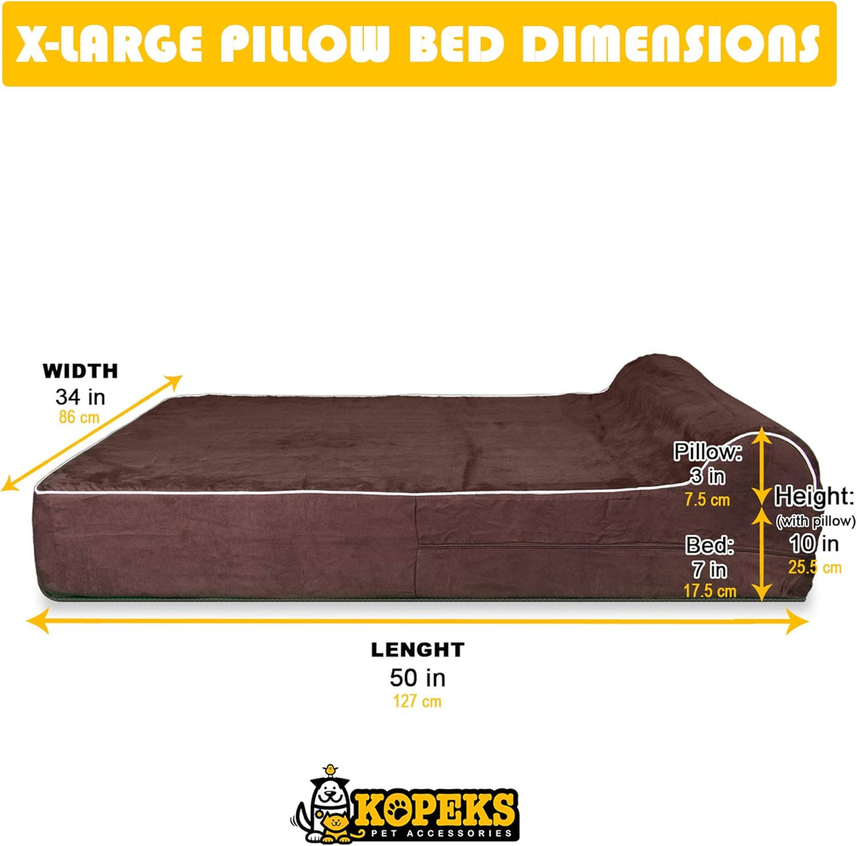 KOPEKS Orthopedic Memory Foam Dog Bed 7" Inch Thick Extra Large Dog Bed With Pillow Brown