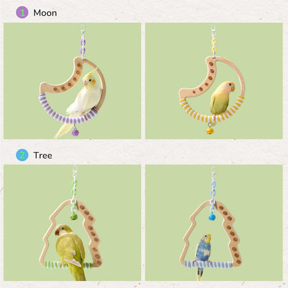 Natural Bird Swing - Moon-Shaped Parrot Perch with Bell and Cork Toys, Spinning Wooden Stand for