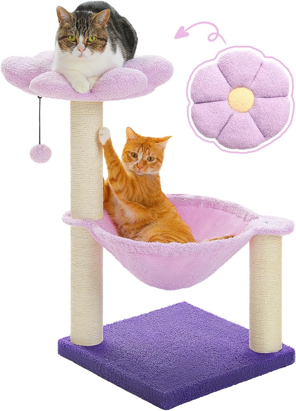 Flower Cat Scratching Post, 28" Cute Cat Tree Tower for Indoor Cats with Large Hammock Soft Perch