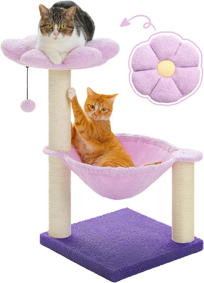 Flower Cat Scratching Post, 28" Cute Cat Tree Tower for Indoor Cats with Large Hammock Soft Perch