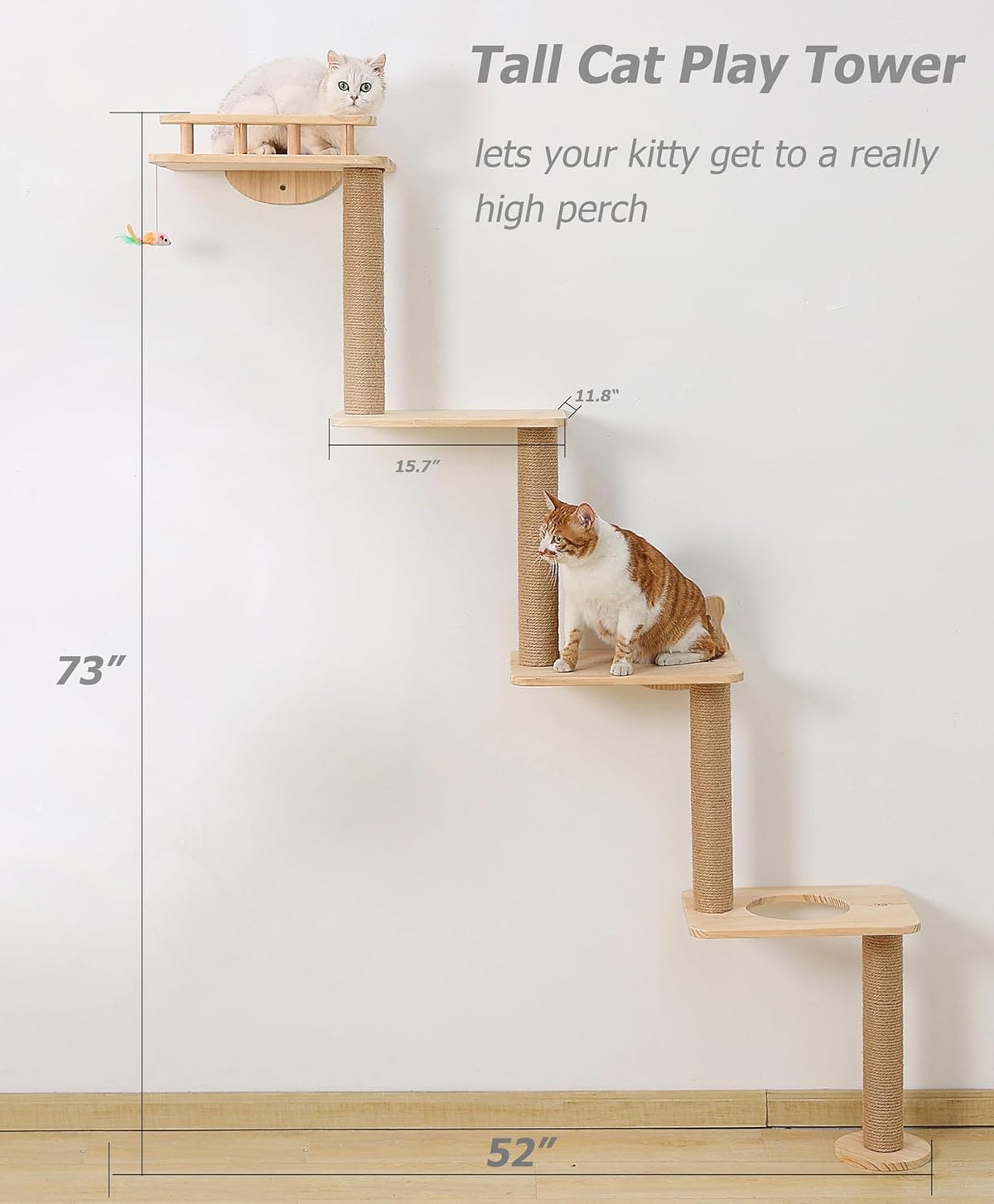 Cat Tree Wall Mounted with 4 Levels Shelves, 73" Wood Corner Tower Inside Kitten Playground for