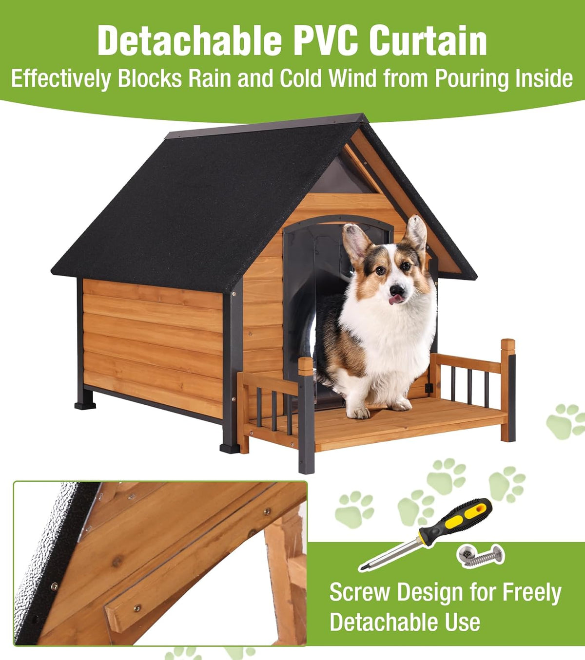 Large Outdoor Heated Dog House with Porch, All-Around Insulated Liner, Weatherproof Outside Dog