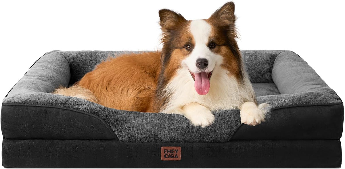 EHEYCIGA Memory Foam Dog Bed for Large Sized, Orthopedic Dog Sofa with Sides and Waterproof Liner