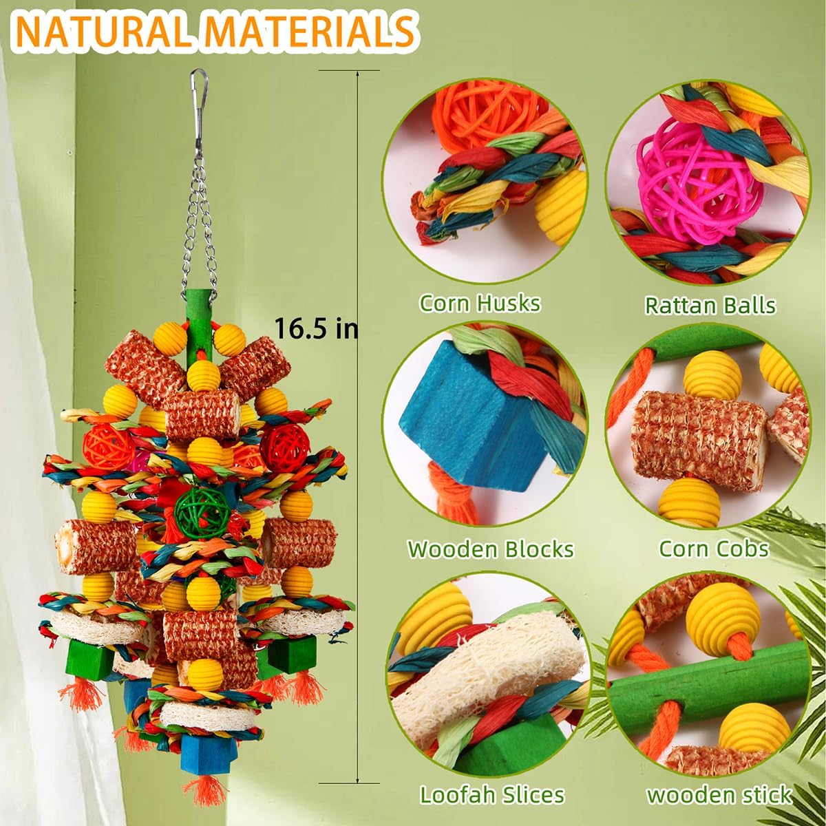 Bird Toys, Parrot Toys for Large Birds,Natural Corn cob and Loofah Slices Bird chew Toys for
