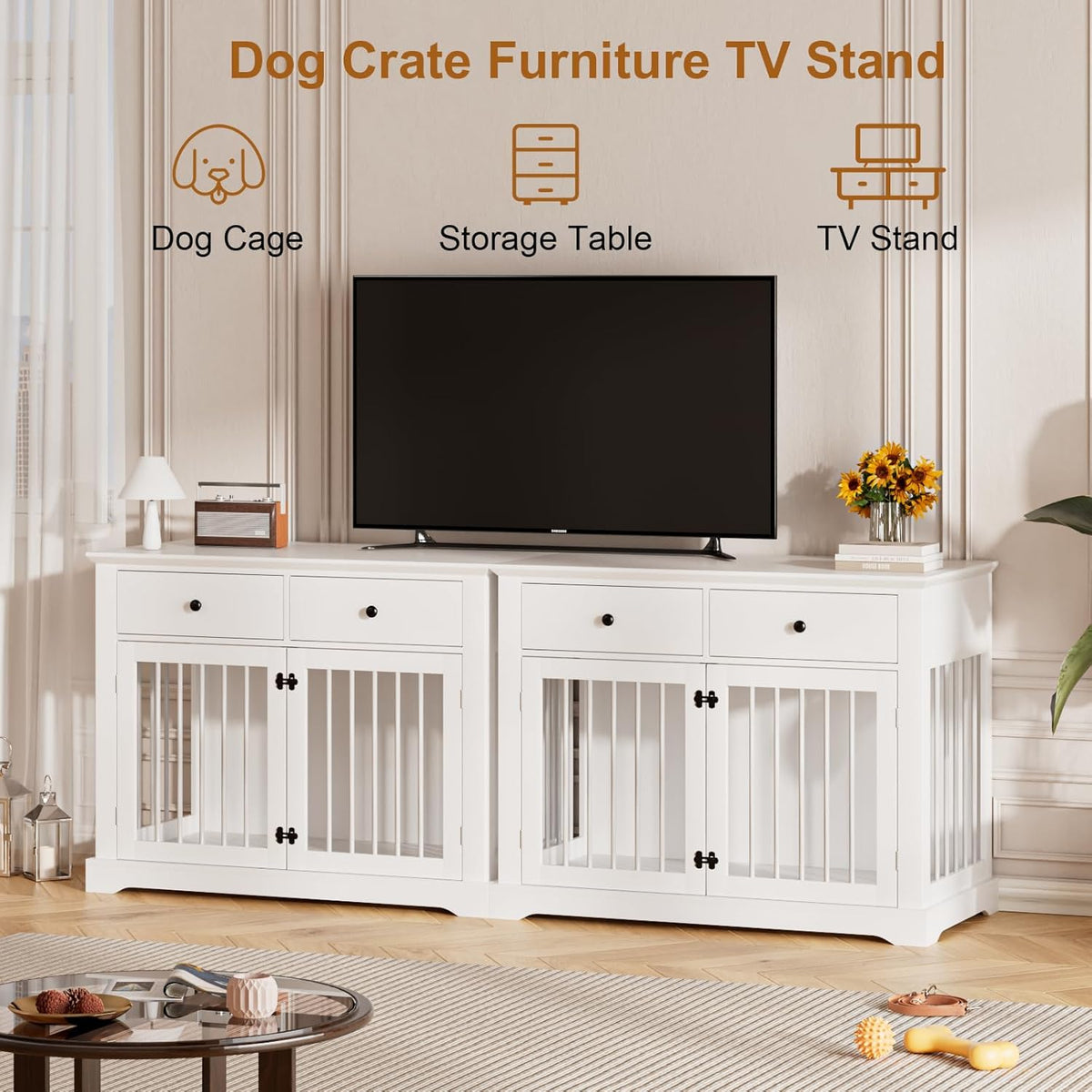 PUKAMI 44inch Dog Crate Furniture with Drawers,Wooden Dog Kennel Furniture for Large Breed,White