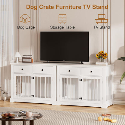 PUKAMI 44inch Dog Crate Furniture with Drawers,Wooden Dog Kennel Furniture for Large Breed,White