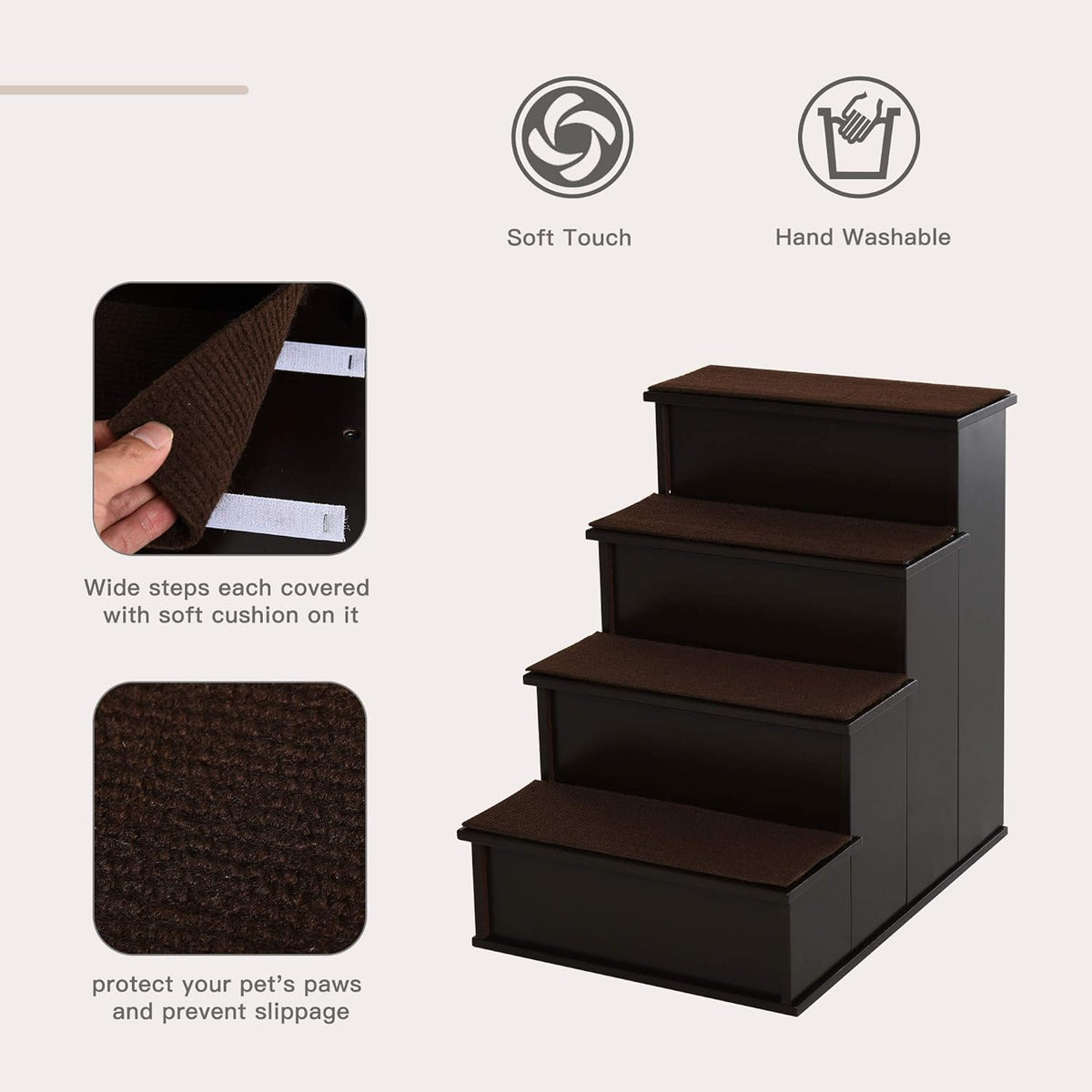 PawHut Pet Stairs, Small Pet Steps with Cushioned Removable Covering for Dogs and Cats Up to 22