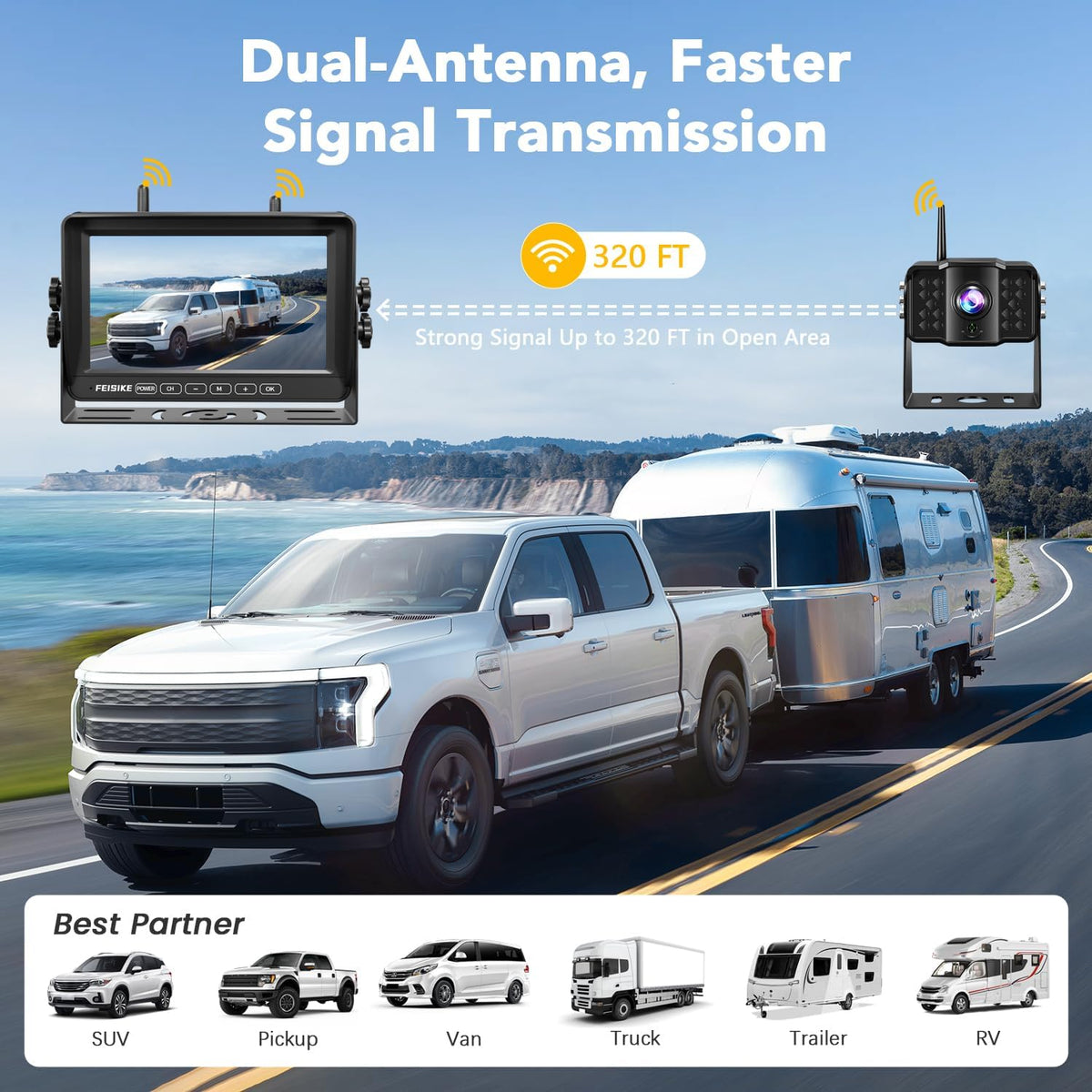 Dual RV Backup Camera Wireless with 7" 1080P Monitor, for Furrion Pre-Wired RVs, 4-Channel Split