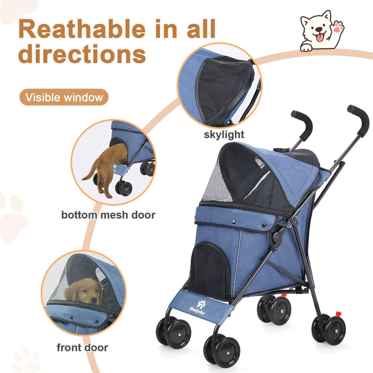 Wedyvko Travel Portable Dog Stroller, Pet Stroller for Small Puppy Dogs & Cats, Up to 33 lbs, Navy