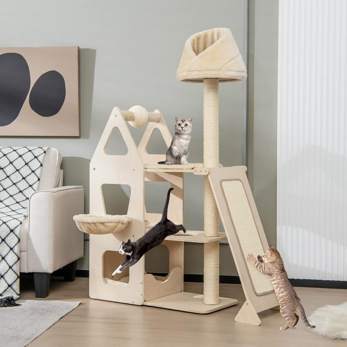Tangkula Modern Wood Cat Tree for Indoor Cats, 64 Inch Multi-Level Tall Cat Tree with Scratching