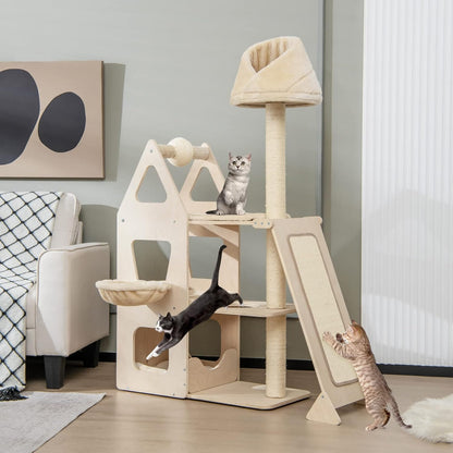 Tangkula Modern Wood Cat Tree for Indoor Cats, 64 Inch Multi-Level Tall Cat Tree with Scratching
