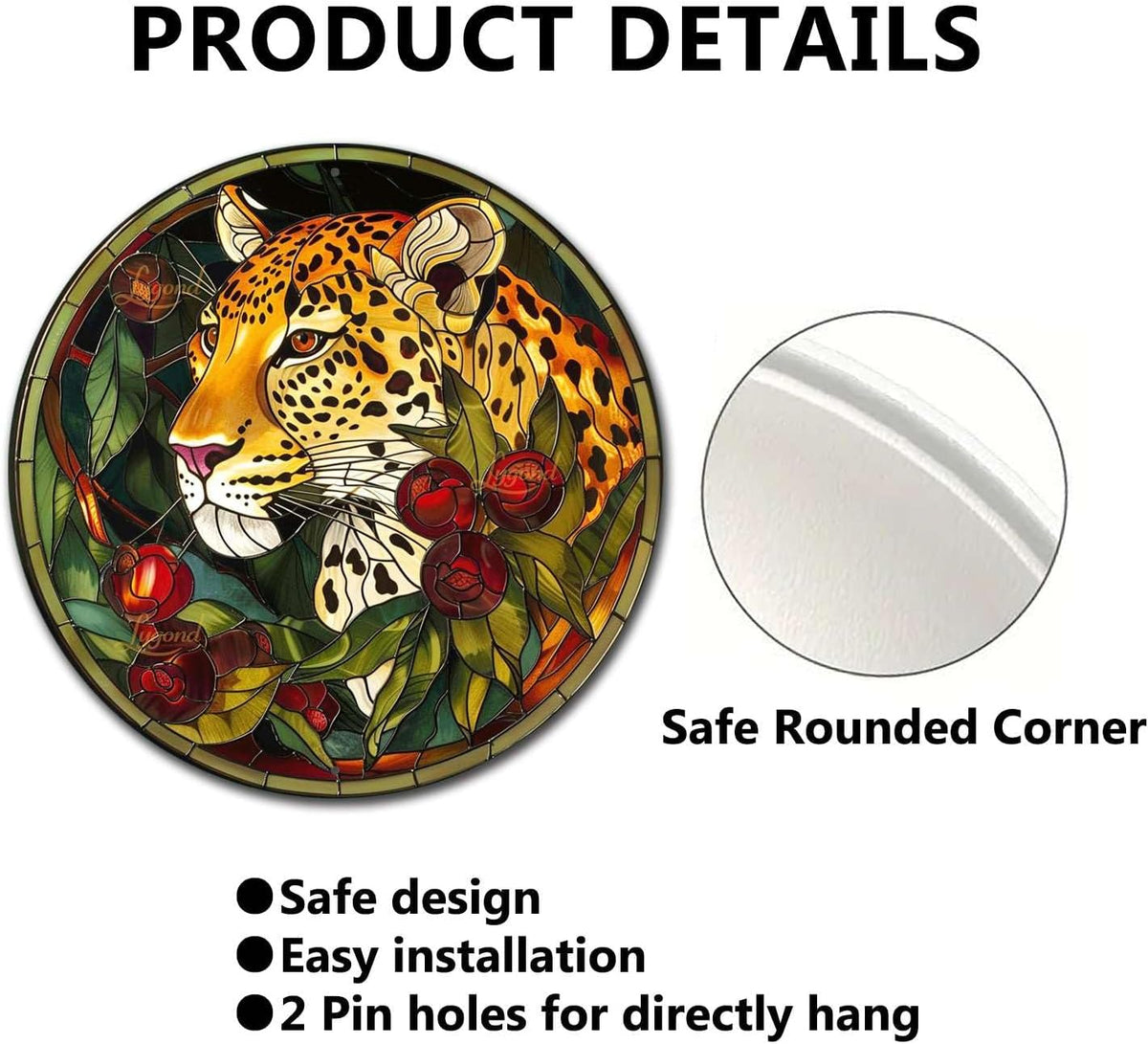 Lygond Metal Sign Tin Sign Circular Stained Glass Leopard Bathroom Signs For Home For Club 12×12