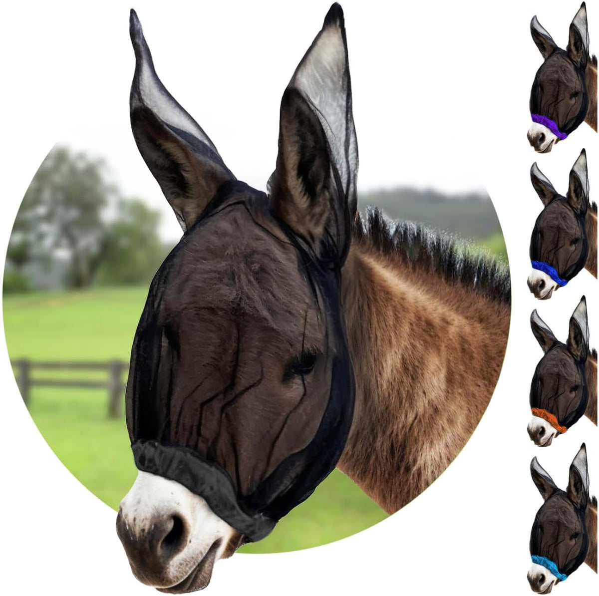 Donkey Fly Mask with Long Ears (Black) Made in USA - Mule Fly Mask with Ears Protection from