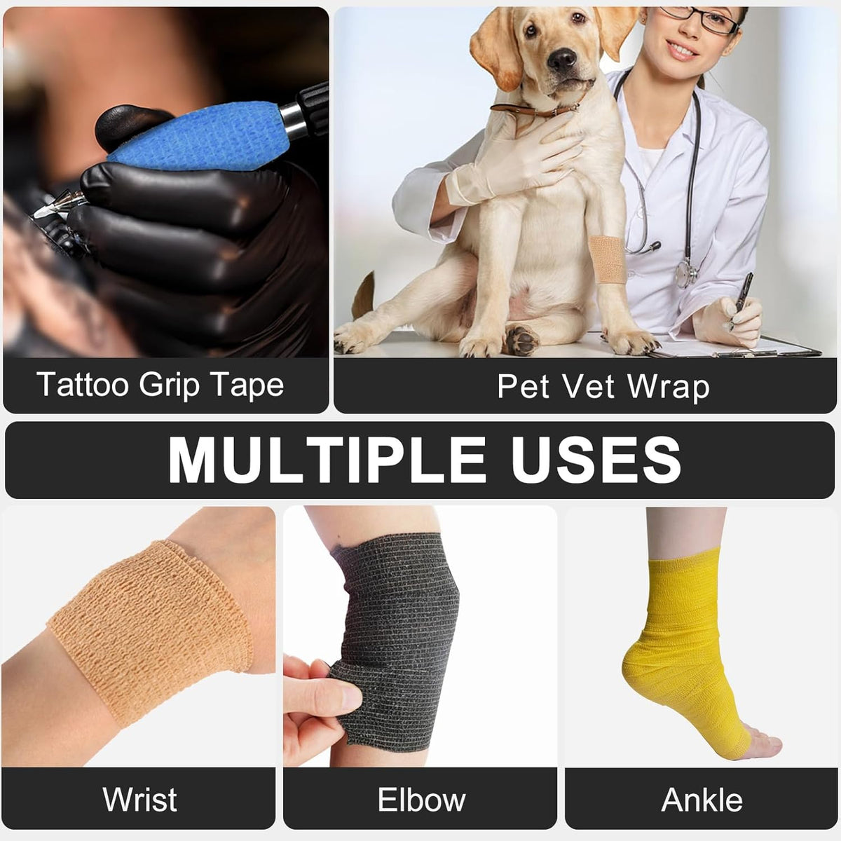 24 Pack Self Adhesive Bandage Wrap, 4” x 5 Yards Cohesive Medical Tape Elastic Grip Tape Black