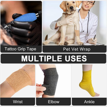 24 Pack Self Adhesive Bandage Wrap, 4” x 5 Yards Cohesive Medical Tape Elastic Grip Tape Black