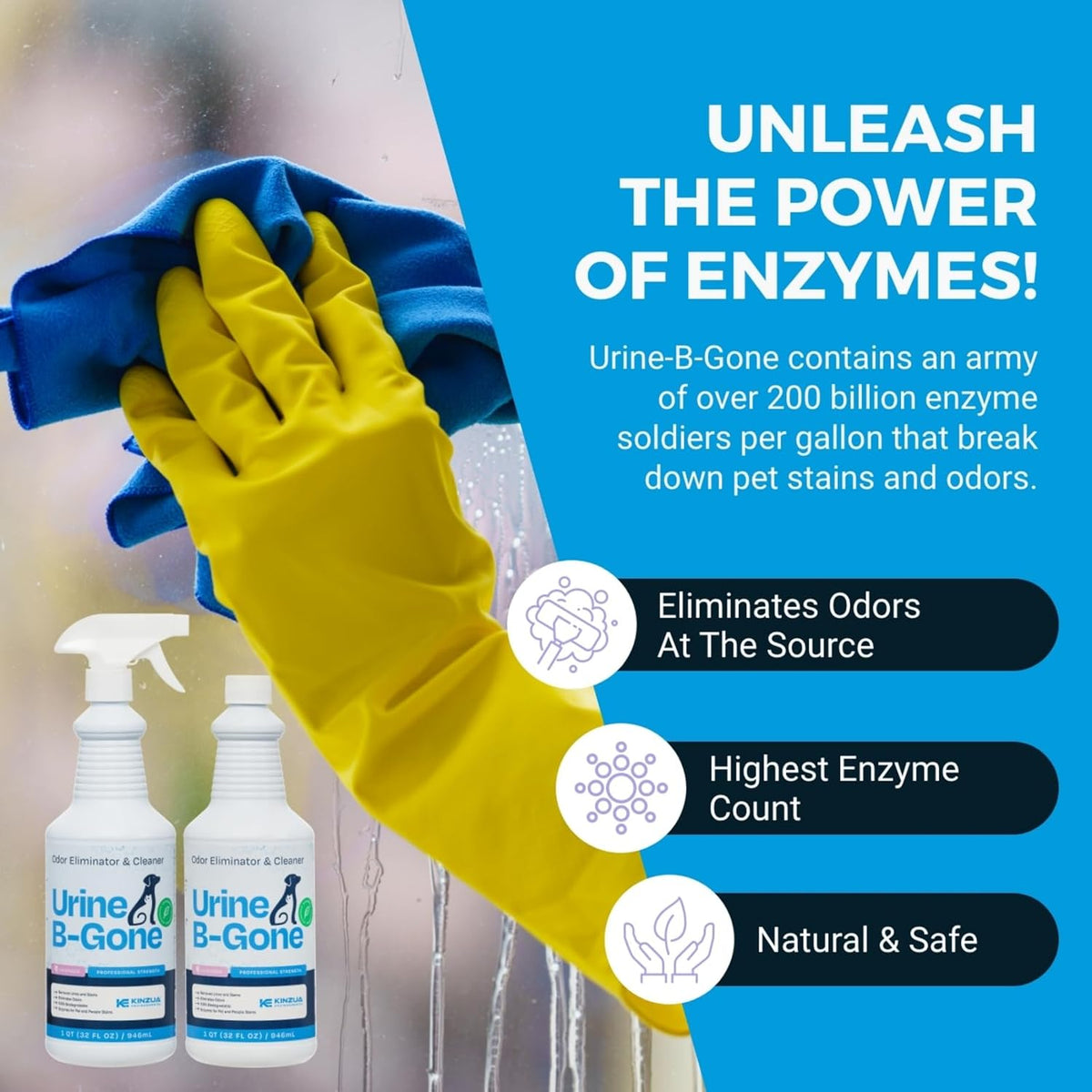 KINZUA ENVIRONMENTAL Urine B-Gone, Professional Enzyme Odor Eliminator & Pet Stain Remover, Human