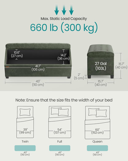 SONGMICS Velvet Storage Ottoman Bench, Foot Rest with Legs, 15.7 x 43 x 15.7 Inches, End of Bed