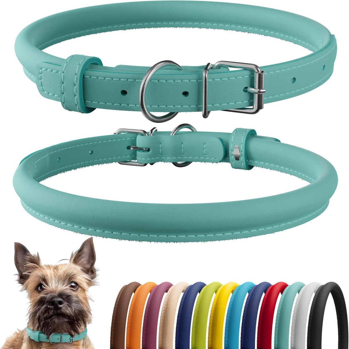 CollarDirect Rolled Leather Dog Collar, Soft Padded Round Puppy Collar, Handmade Genuine Leather
