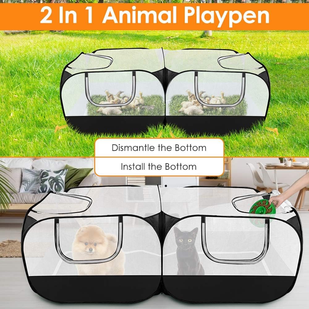 Lukovee Small Animals Playpen, Chicken Pen with Escape-Proof Detachable Bottom & 4 Zipper Doors