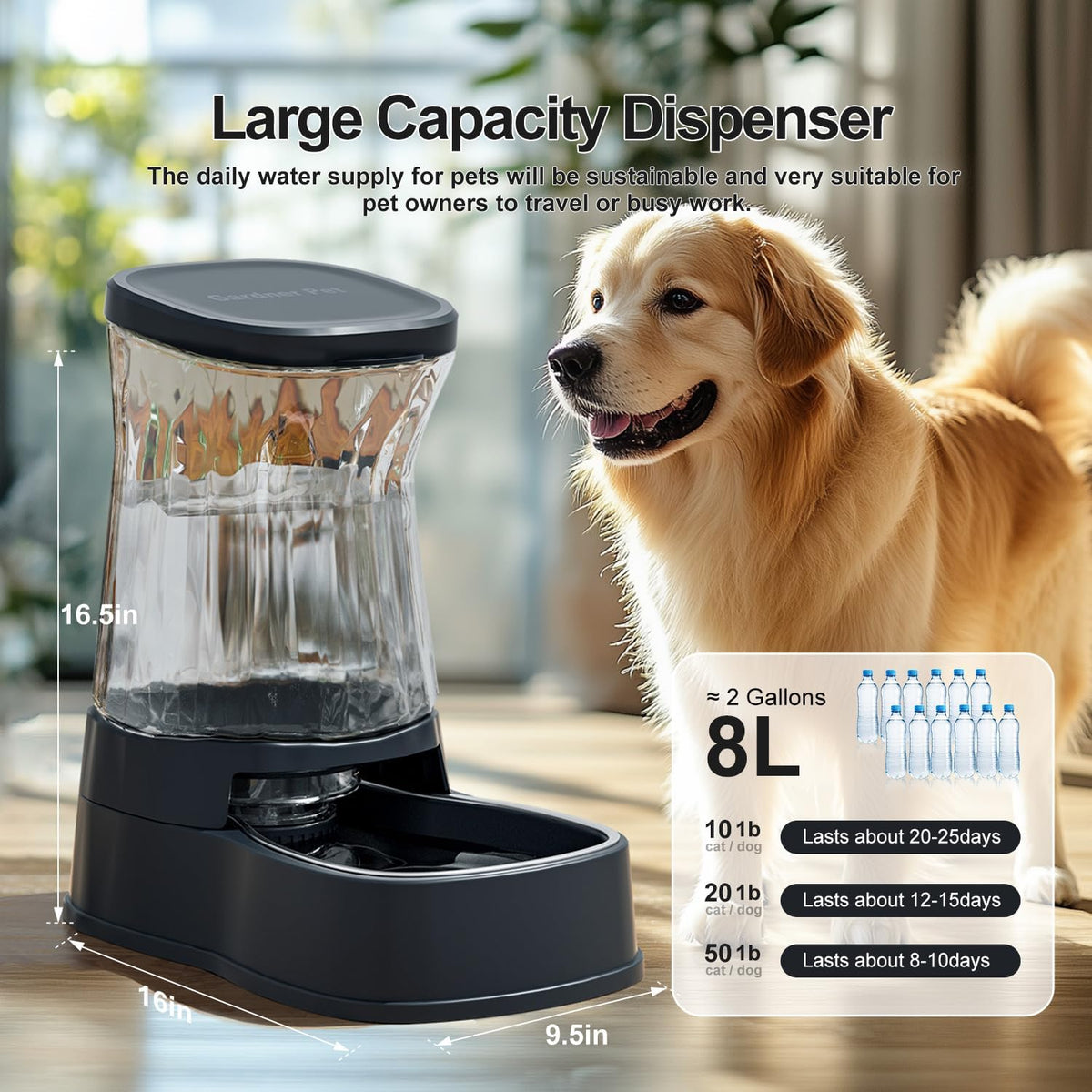 Gardner Pet Automatic Dog Water Dispenser Gravity Stainless Steel Water Waterer Feeder, 100%