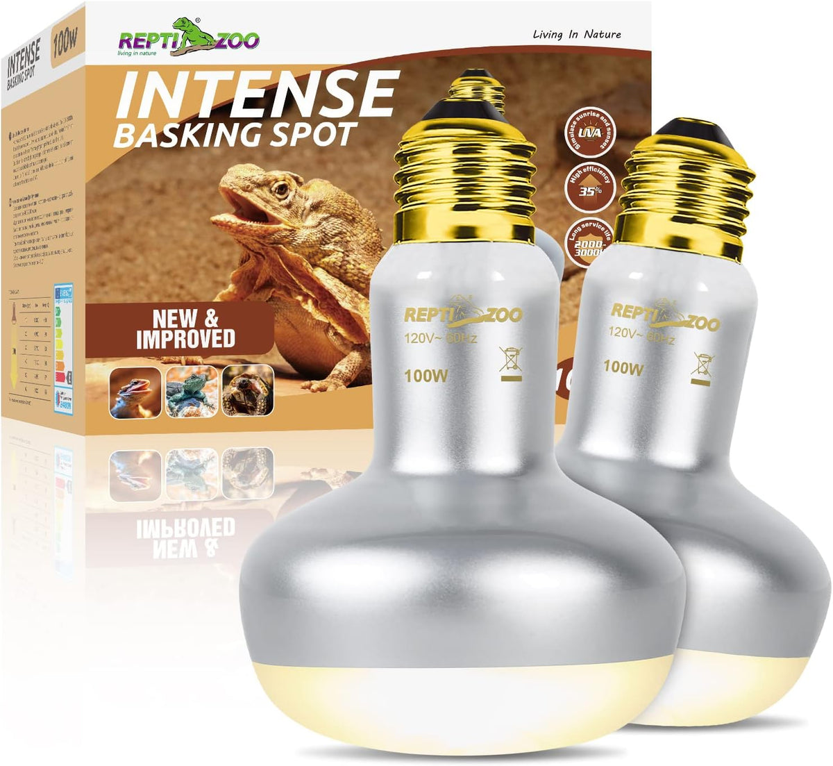 REPTI ZOO 2 Pack Heat Lamp 100W, Intense Basking Spot Simulated Natural Sunlight Heating Lamp Bulb