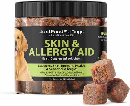 JustFoodForDogs Skin & Allergy Care Soft Chews Supplement for Dogs, Seasonal Allergies, Itchy Skin