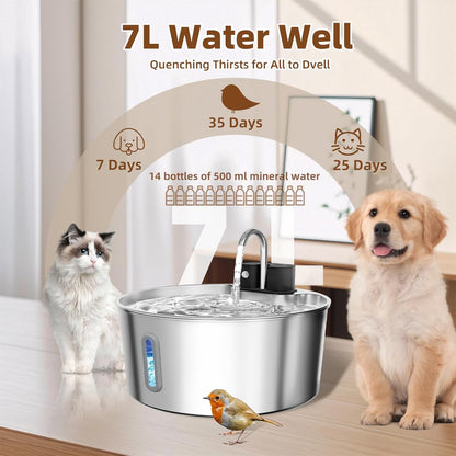 Dog Water Fountain Stainless Steel: 7L/236oz Cordless Large Dog Water Bowl Dispenser Automatic Cat