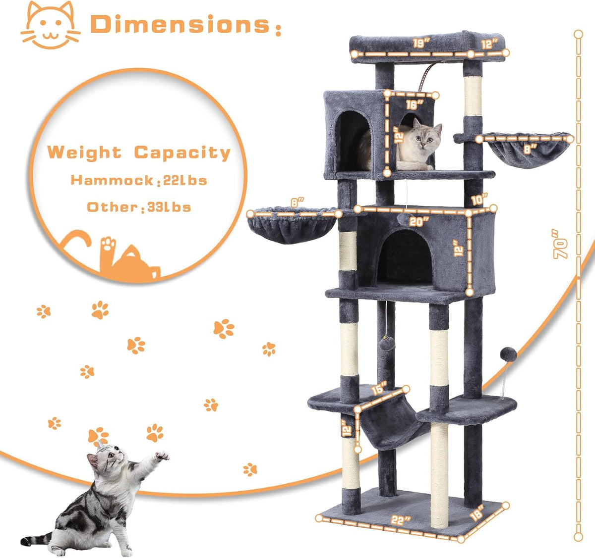 70-Inch Cat Tree,Large Cat Tree Tower with Hammock, Scratching Post, Condo and Multi-Level Cat