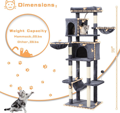 70-Inch Cat Tree,Large Cat Tree Tower with Hammock, Scratching Post, Condo and Multi-Level Cat