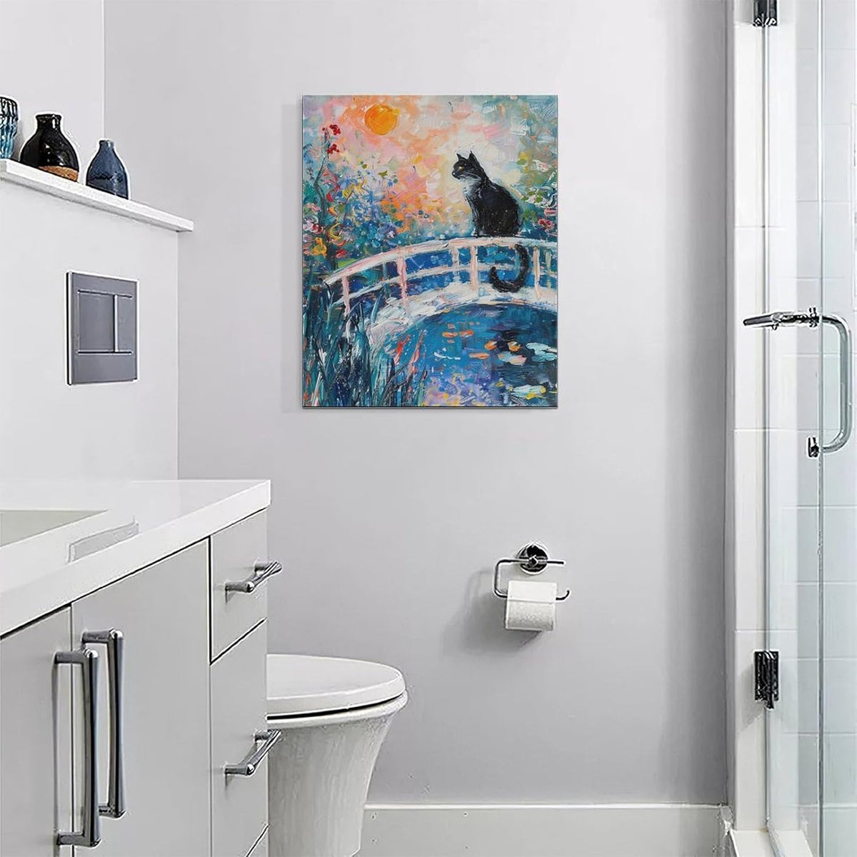 Quorin Black Cat Wall Art Water Lily Sunset Pictures Cat Wall Decor Impressionism Canvas Print