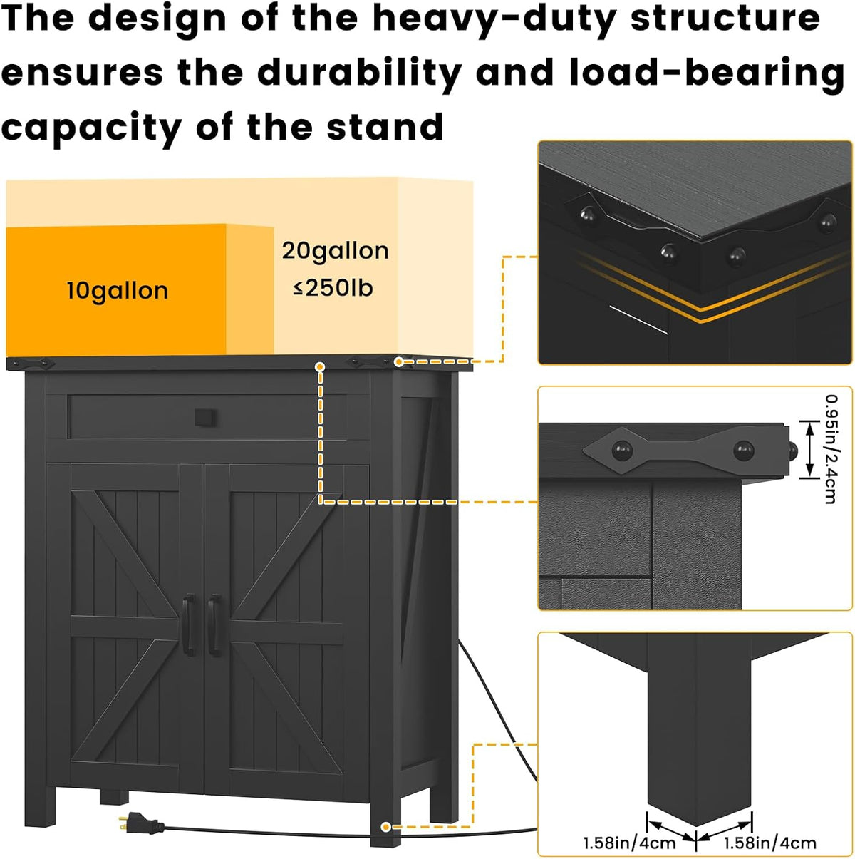 20 Gallon Aquarium Stand With Charging Station, Farmhouse Fish Tank Stand, Reptile Tank Stand