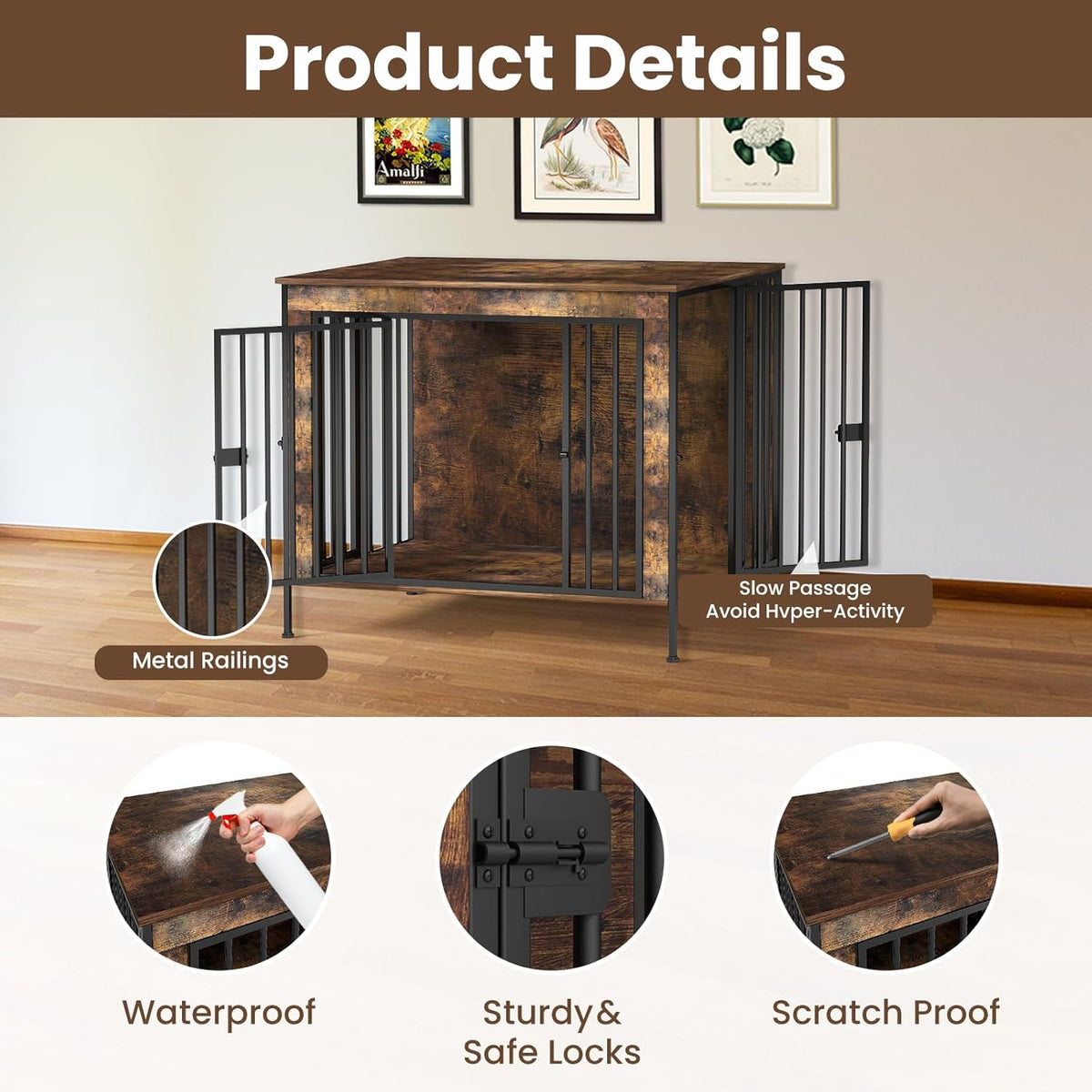 Dog Crate Furniture 40" Sturdy Heavy Duty Dog Kennel Solid Metal Tube Thick Wooden with 3 Lockable