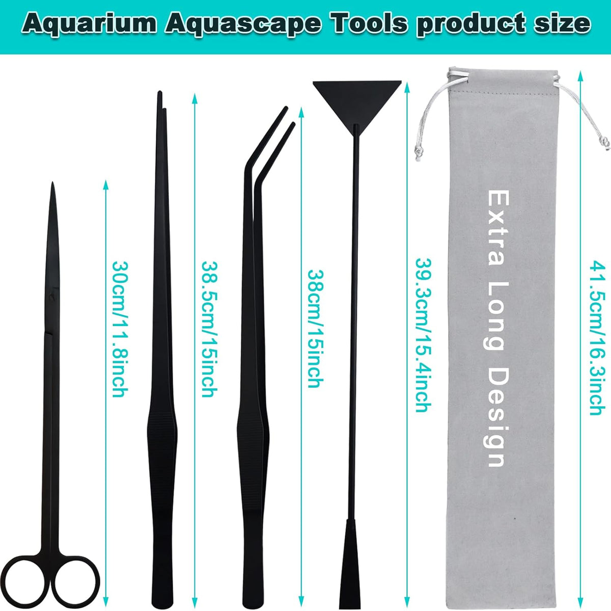 Aquarium Aquascape Tools Kit, Long 15 Inch Stainless Steel Aquatic Plants Tools, 4 in 1 Anti-Rust
