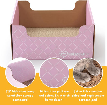 HIDE & SCRATCH Cat Scratcher Box and Cat Bed with Refillable Double-Sided Cardboard Scratch Pad for