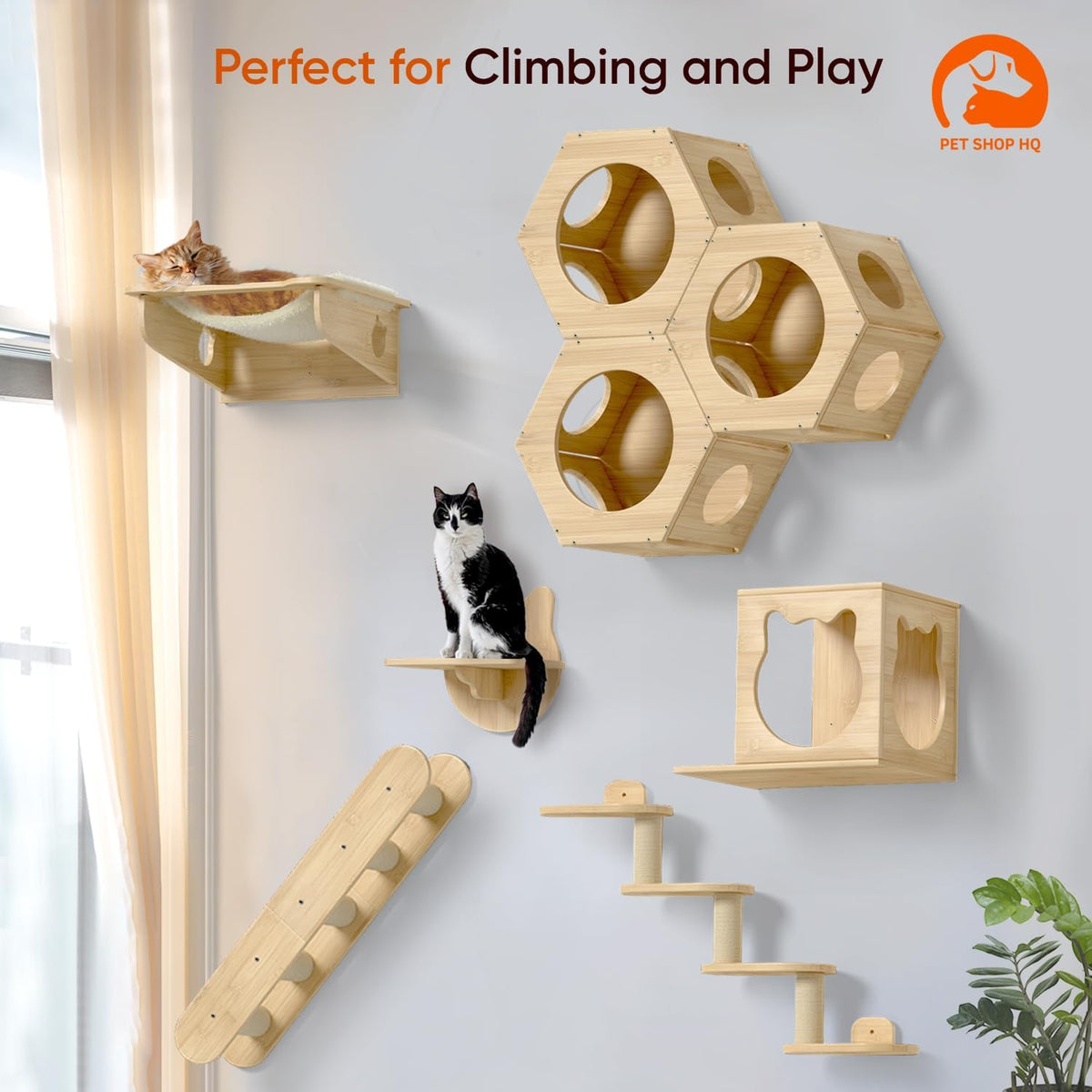 Cat Wall Furniture - Climbing Shelves, Ladders, Hammock & More - Bamboo Material - Light Brown