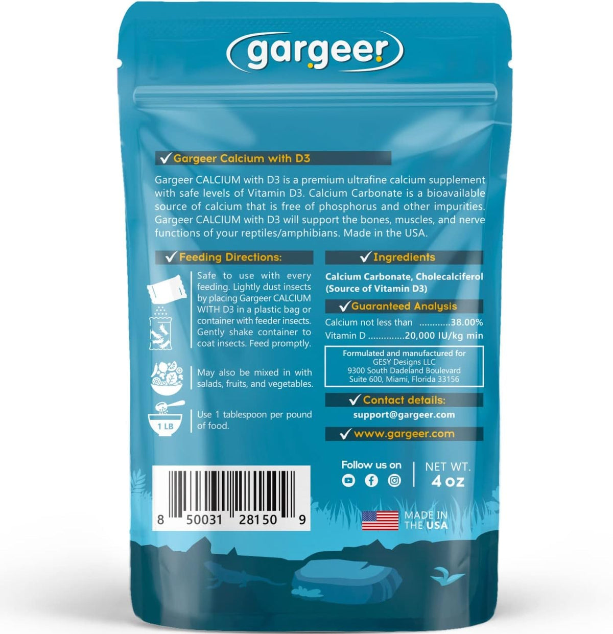 4oz All Reptile Calcium Powder with Vitamin D3, Phosphorus-Free, Ultrafine Powder, Pure Dust &