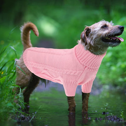 Queenmore Small Dog Pullover Sweater, Cold Weather Cable Knitwear, Classic Turtleneck Thick Warm