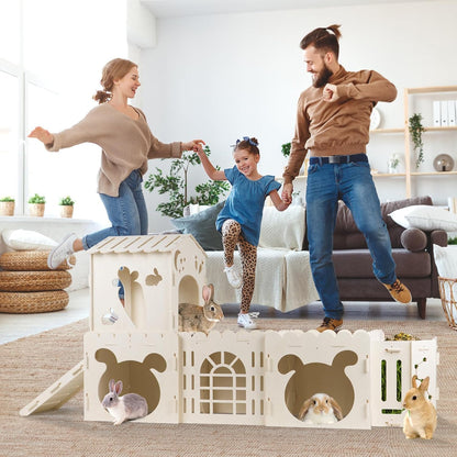 Extra Large Rabbit House, Wooden Bunny House Hideout with 4 Houses and Hay Feeder Indoor, Rabbit
