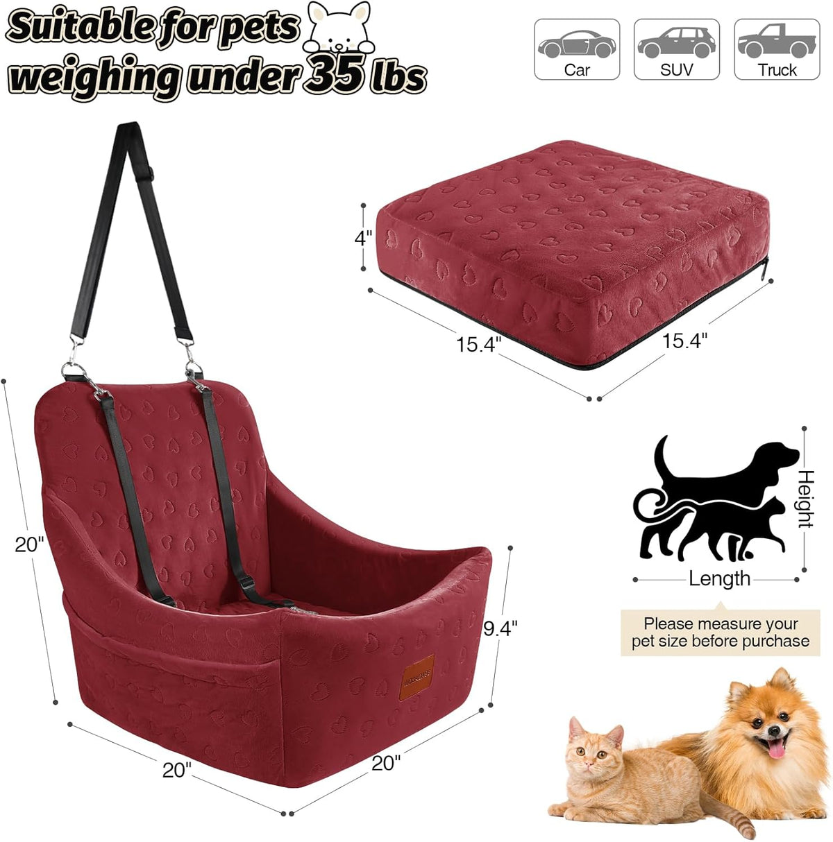Dog Car Seat for Medium Dogs, Pet Travel Bed with Seat Belt Channel, Fully Detachable and Washable